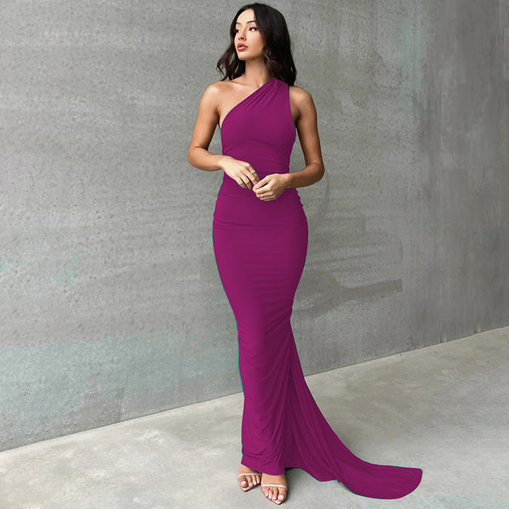 Purple open-back sash maxi dress, front view