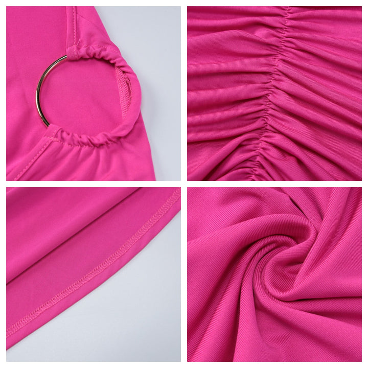 Close views of the Hot Pink dress metal ring, ruching, seams, and stretch fabric