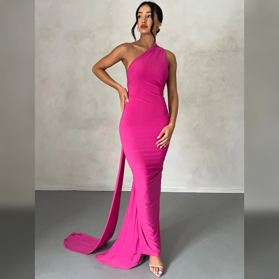 Hot Pink open-back sash maxi dress, front view