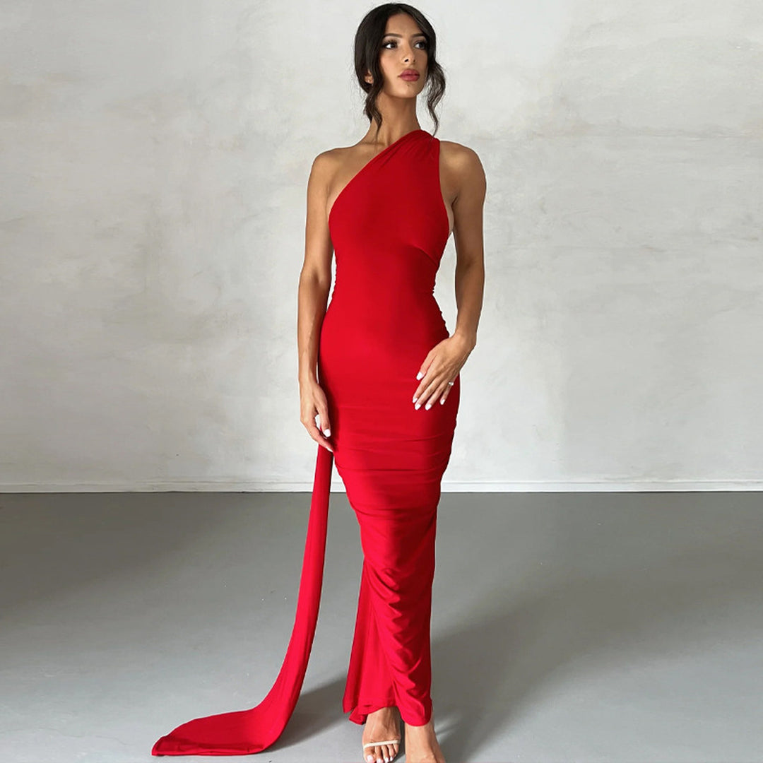 Red open-back sash maxi dress, front view