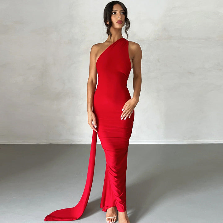 Red open-back sash maxi dress, front view