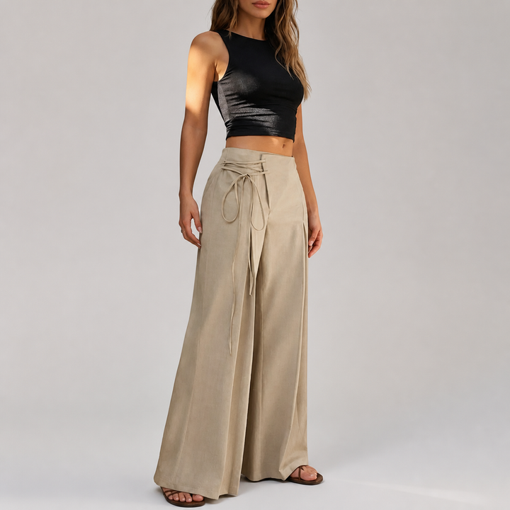 Khaki side-tie wide-leg pants, front view