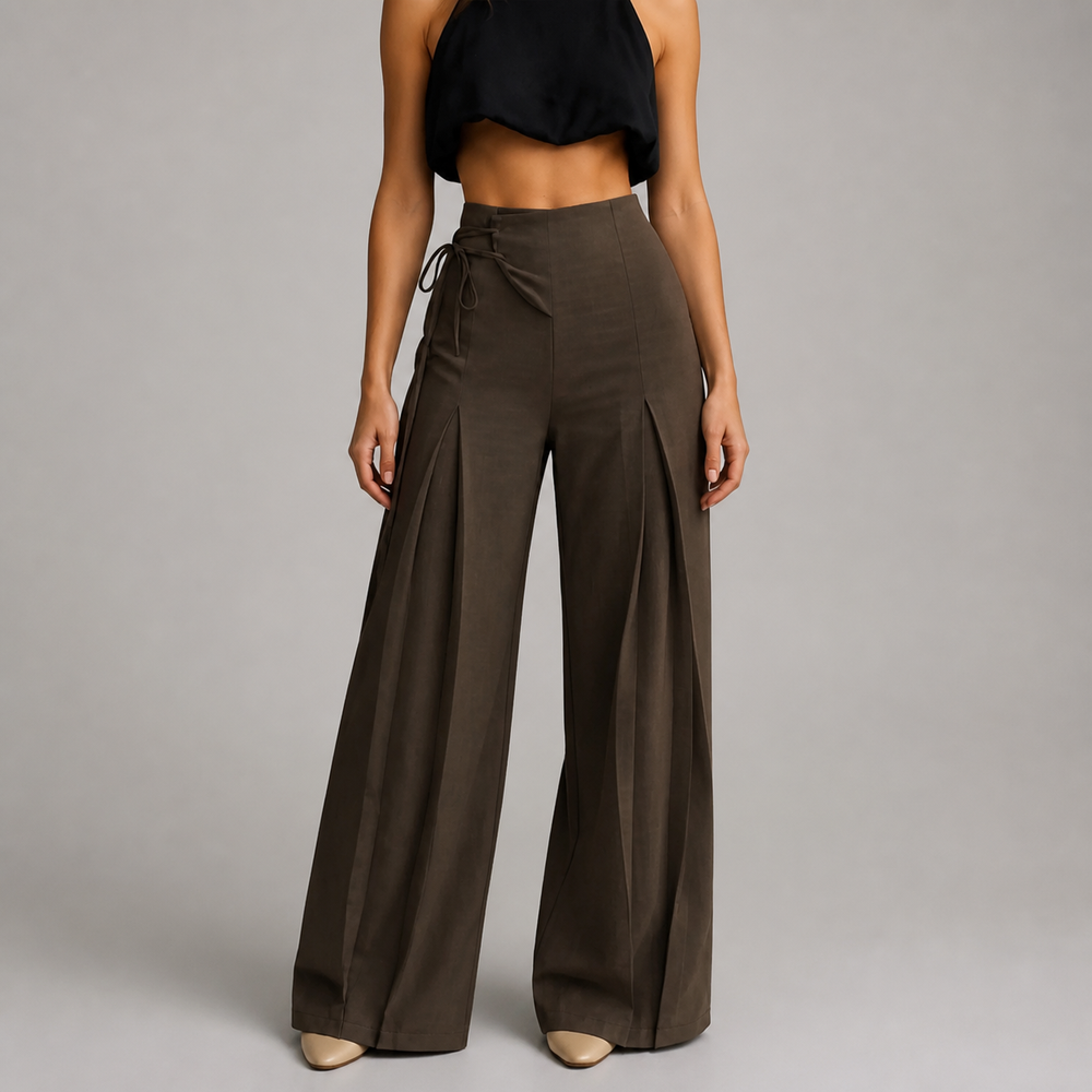 Brown side-tie wide-leg pants, front view