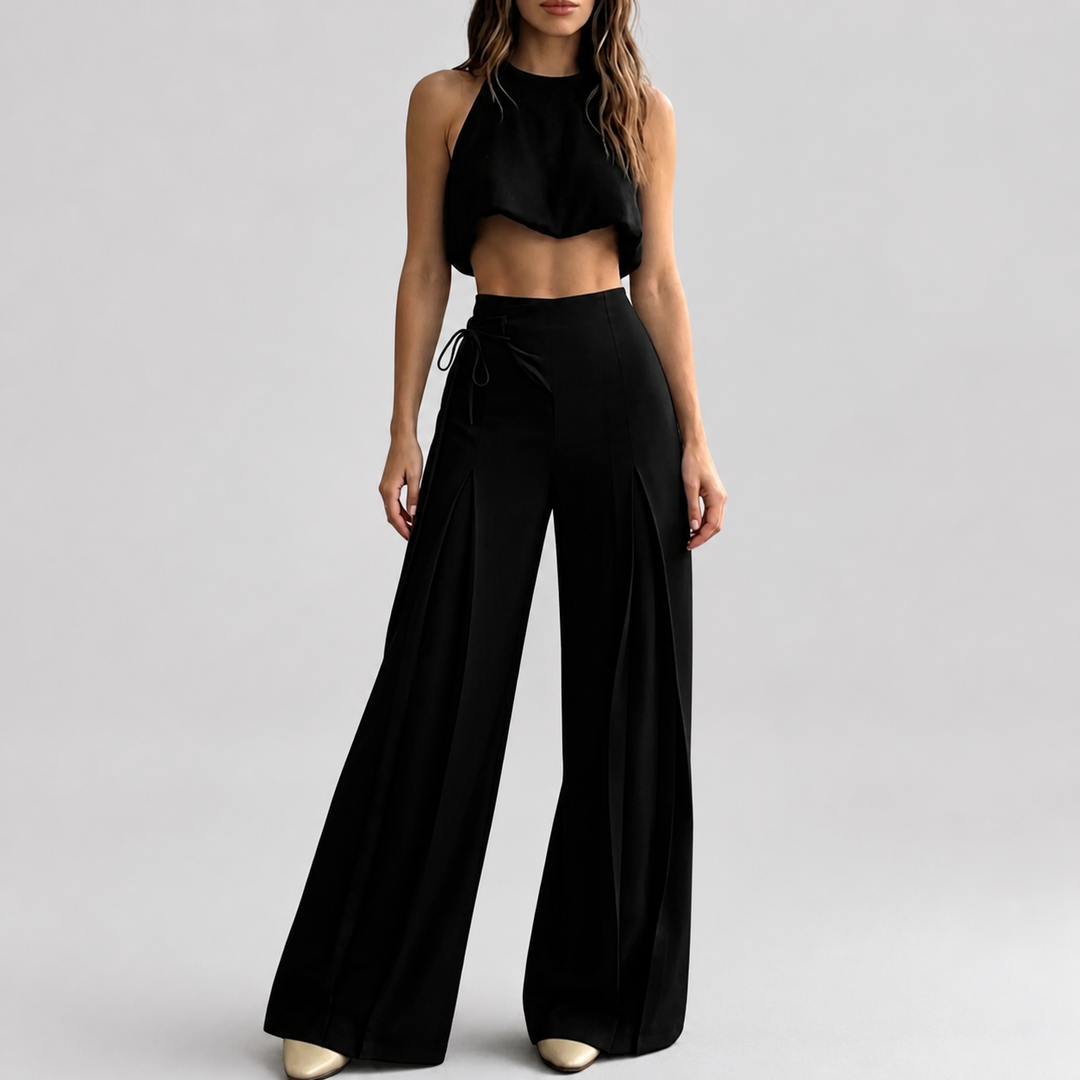 Black side-tie wide-leg pants, front view