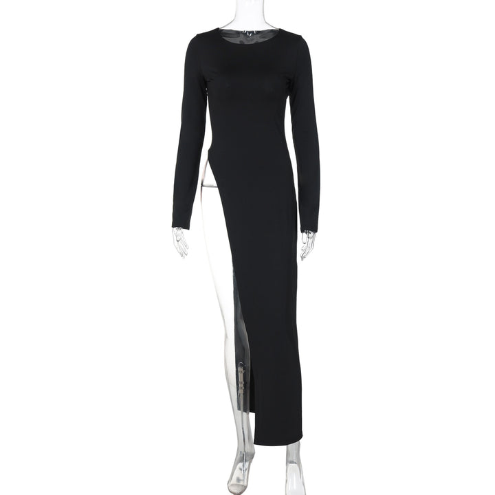 Black high-slit long-sleeve maxi dress, front view