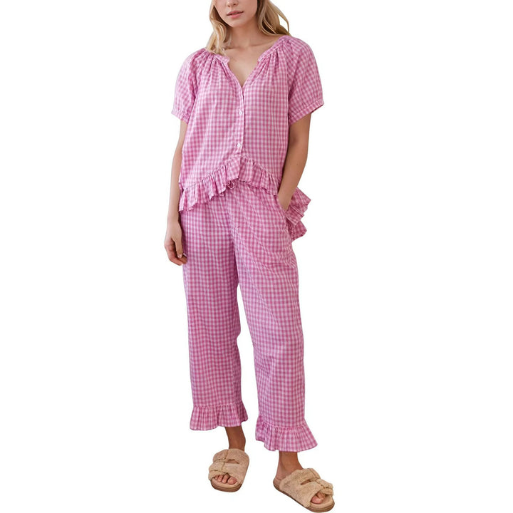 Pink gingham ruffle cotton pajama set, front view