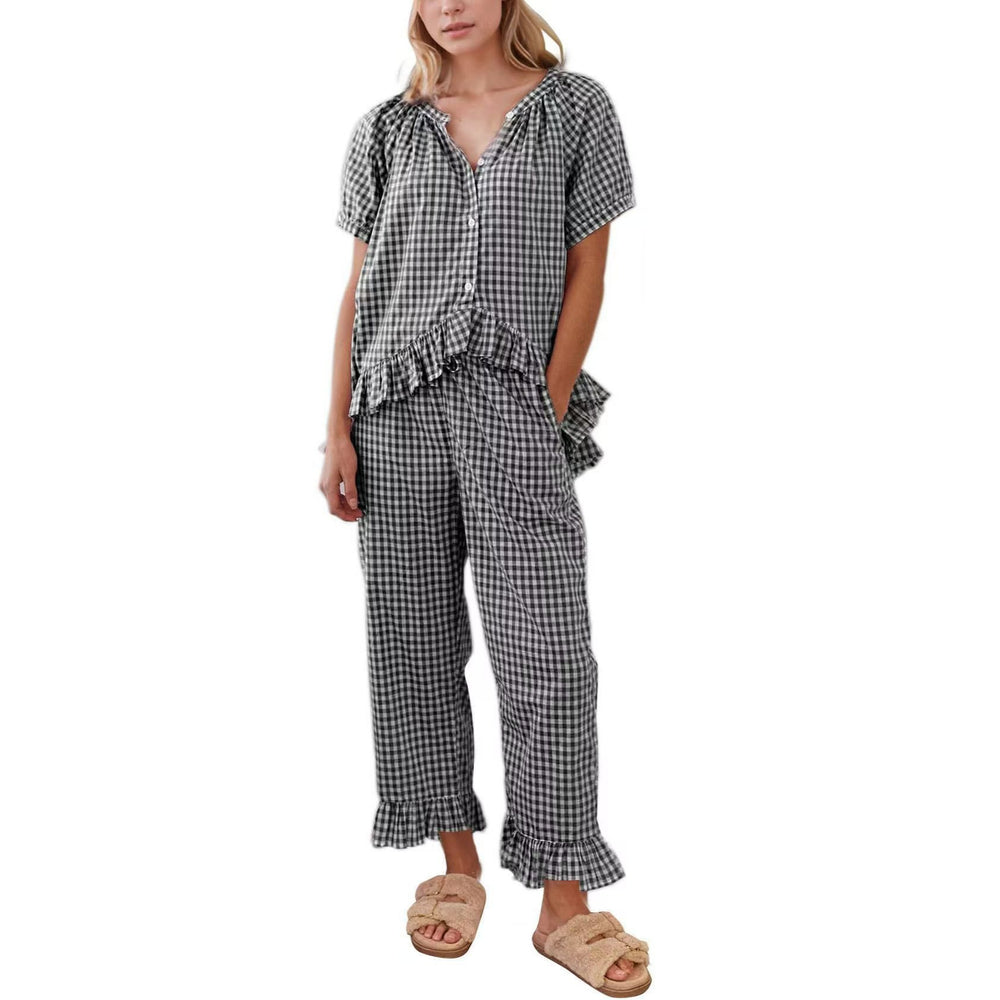 Black gingham ruffle cotton pajama set, front view