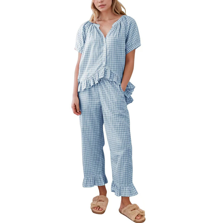 Sky Blue gingham ruffle cotton pajama set, front view