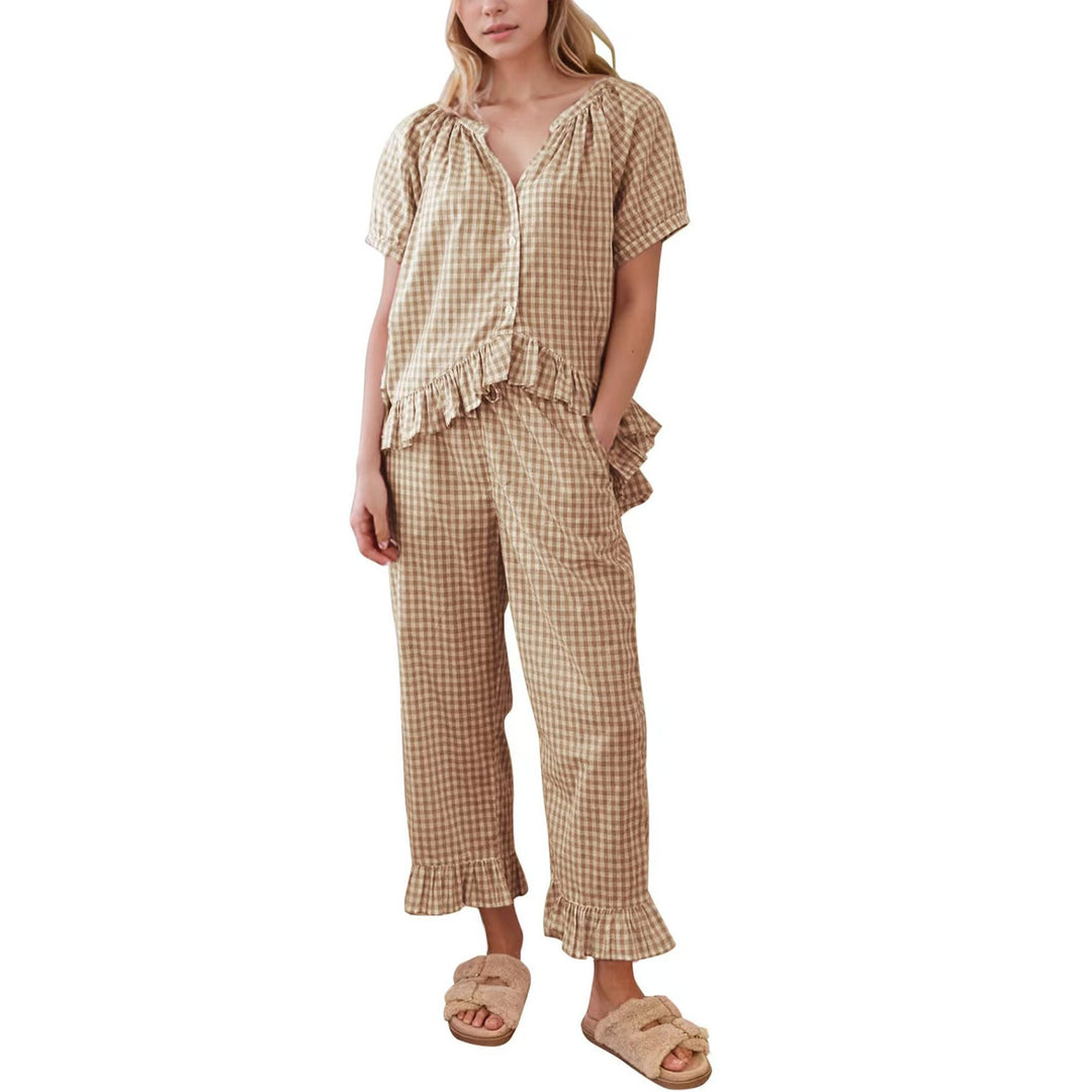 Khaki gingham ruffle cotton pajama set, front view