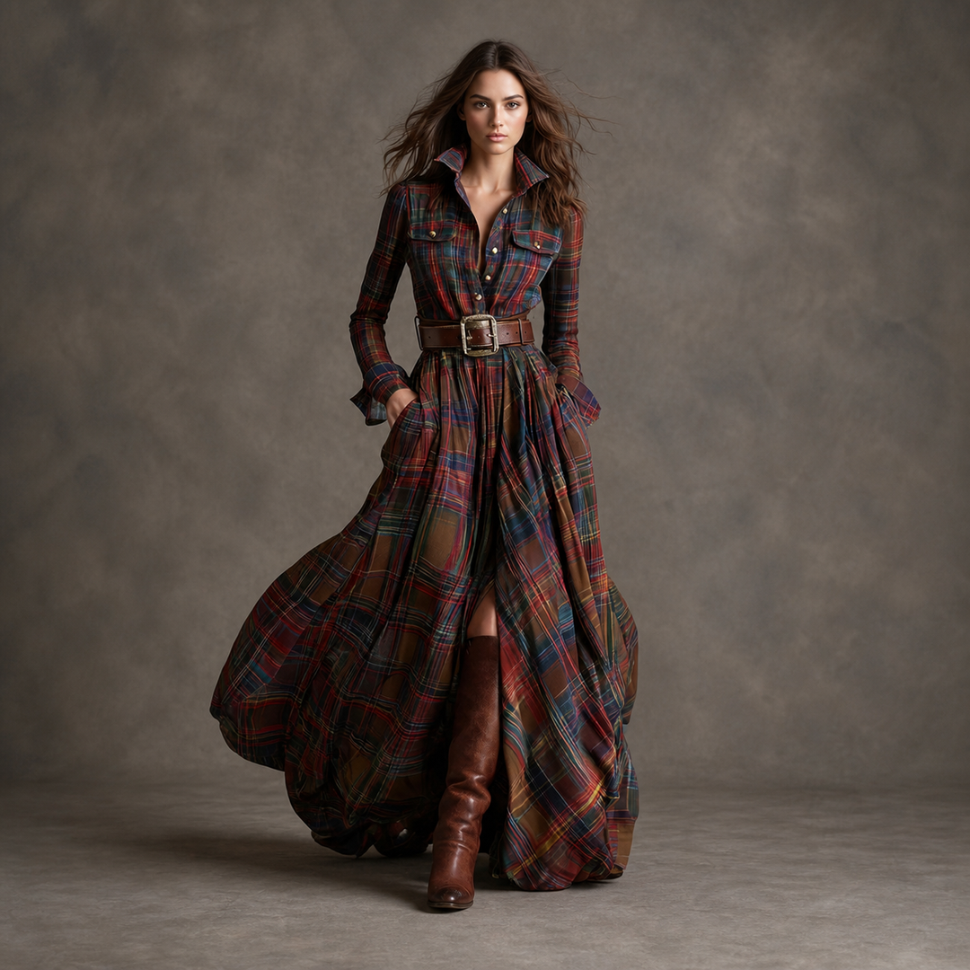 Multicolor Plaid belted button-front maxi dress, front view
