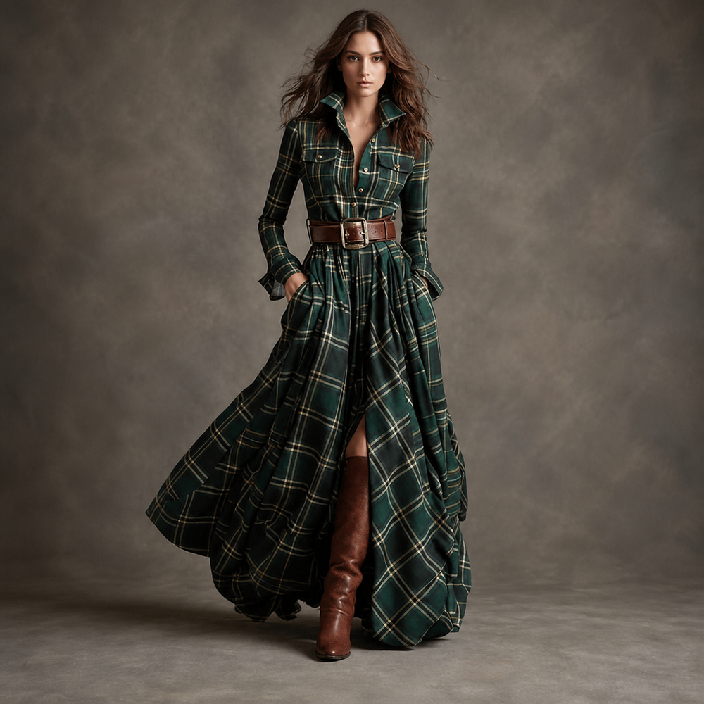 Green Plaid belted button-front maxi dress, front view