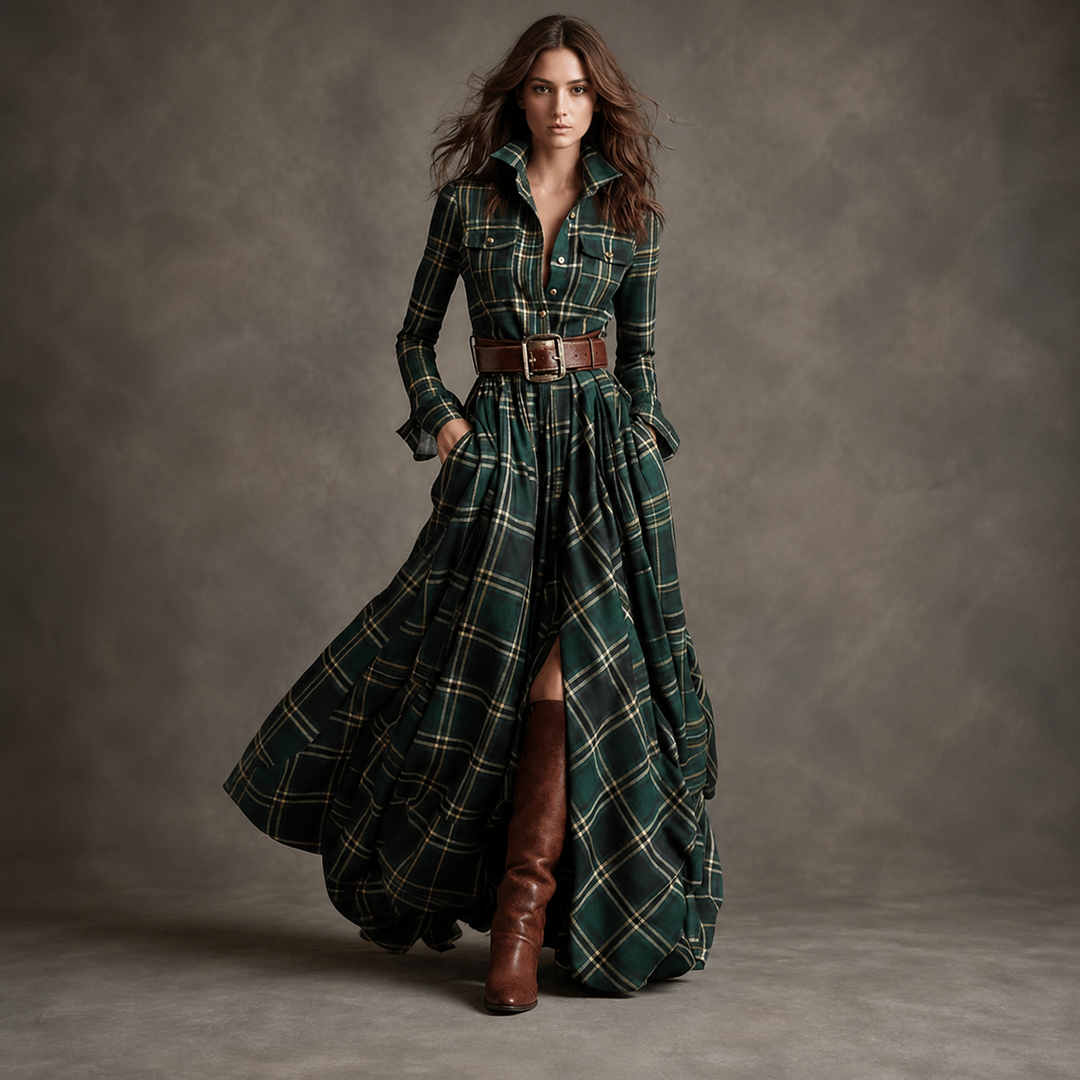 Green Plaid belted button-front maxi dress, front view