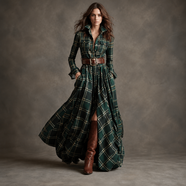 Green Plaid belted button-front maxi dress, front view