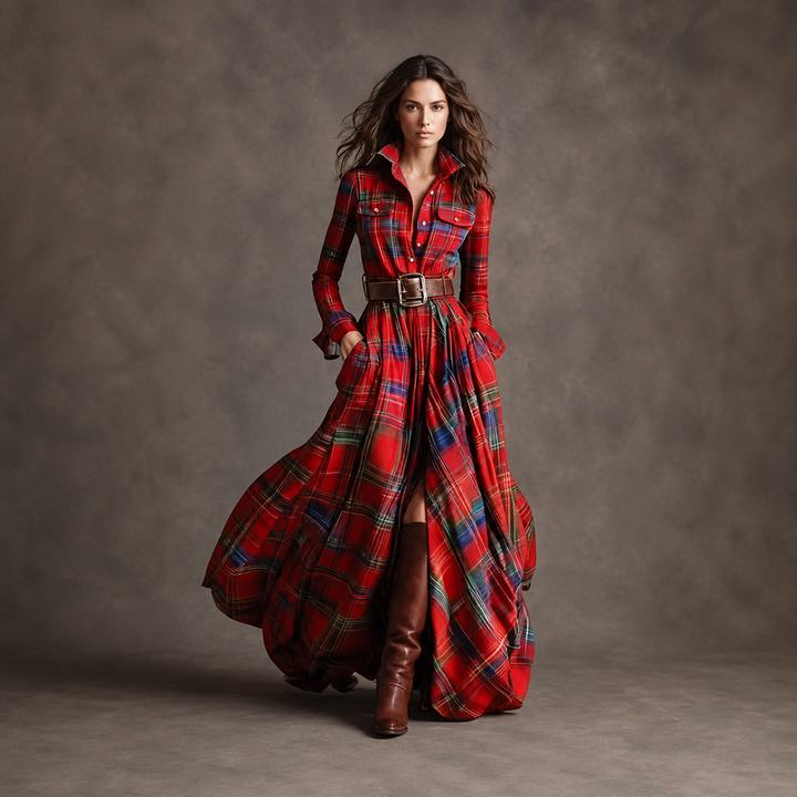 Christmas Red belted button-front maxi dress, front view