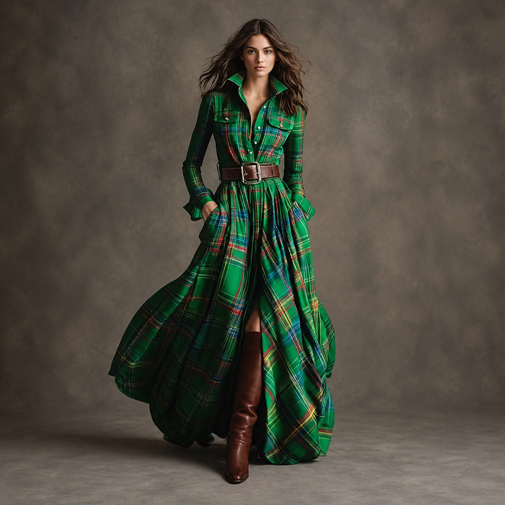 Christmas Green belted button-front maxi dress, front view