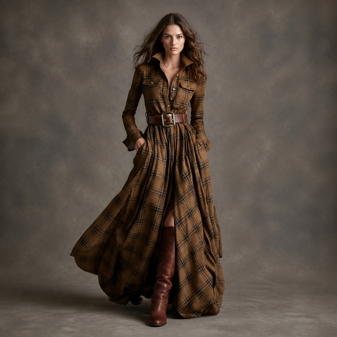 Khaki Plaid belted button-front maxi dress, front view