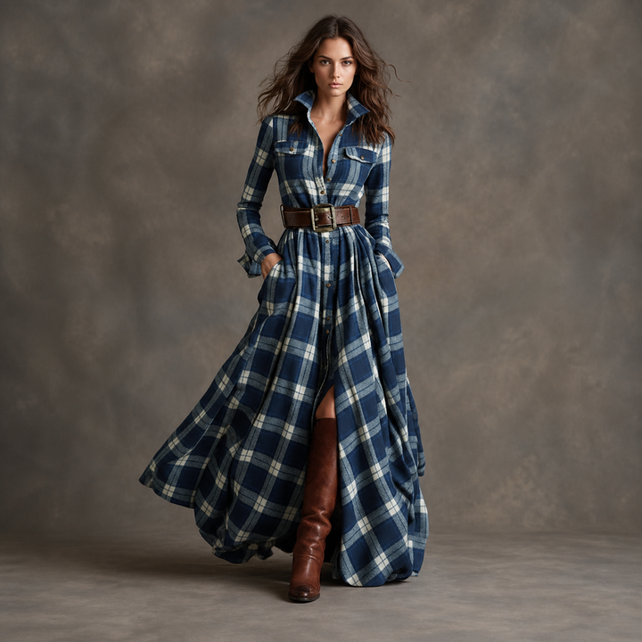 Blue Plaid belted button-front maxi dress, front view