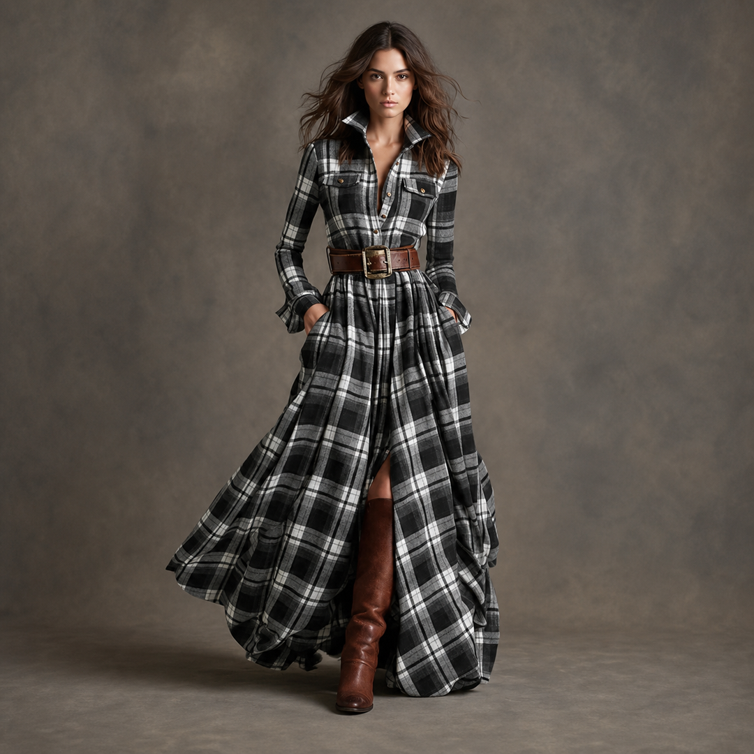 Black Plaid belted button-front maxi dress, front view