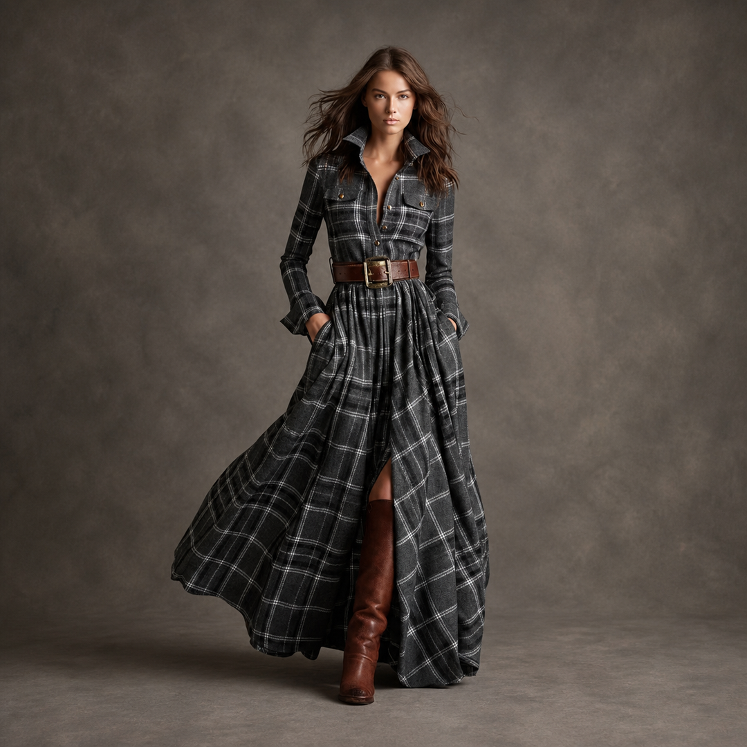 Gray Plaid belted button-front maxi dress, front view