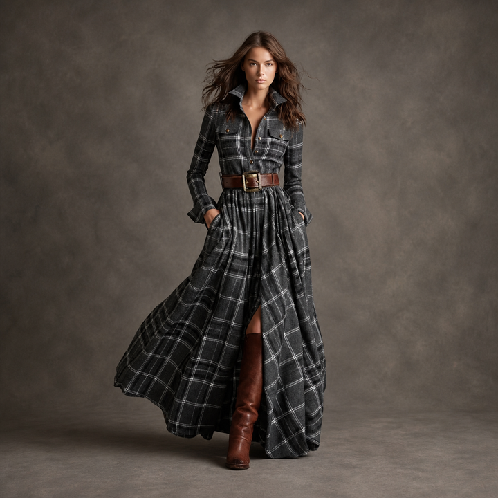 Gray Plaid belted button-front maxi dress, front view