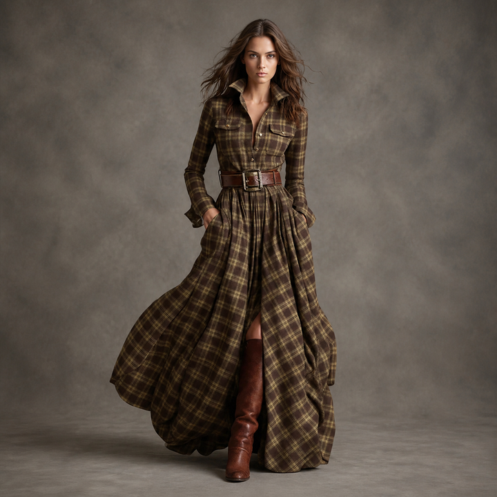 Brown Micro Plaid belted button-front maxi dress, front view