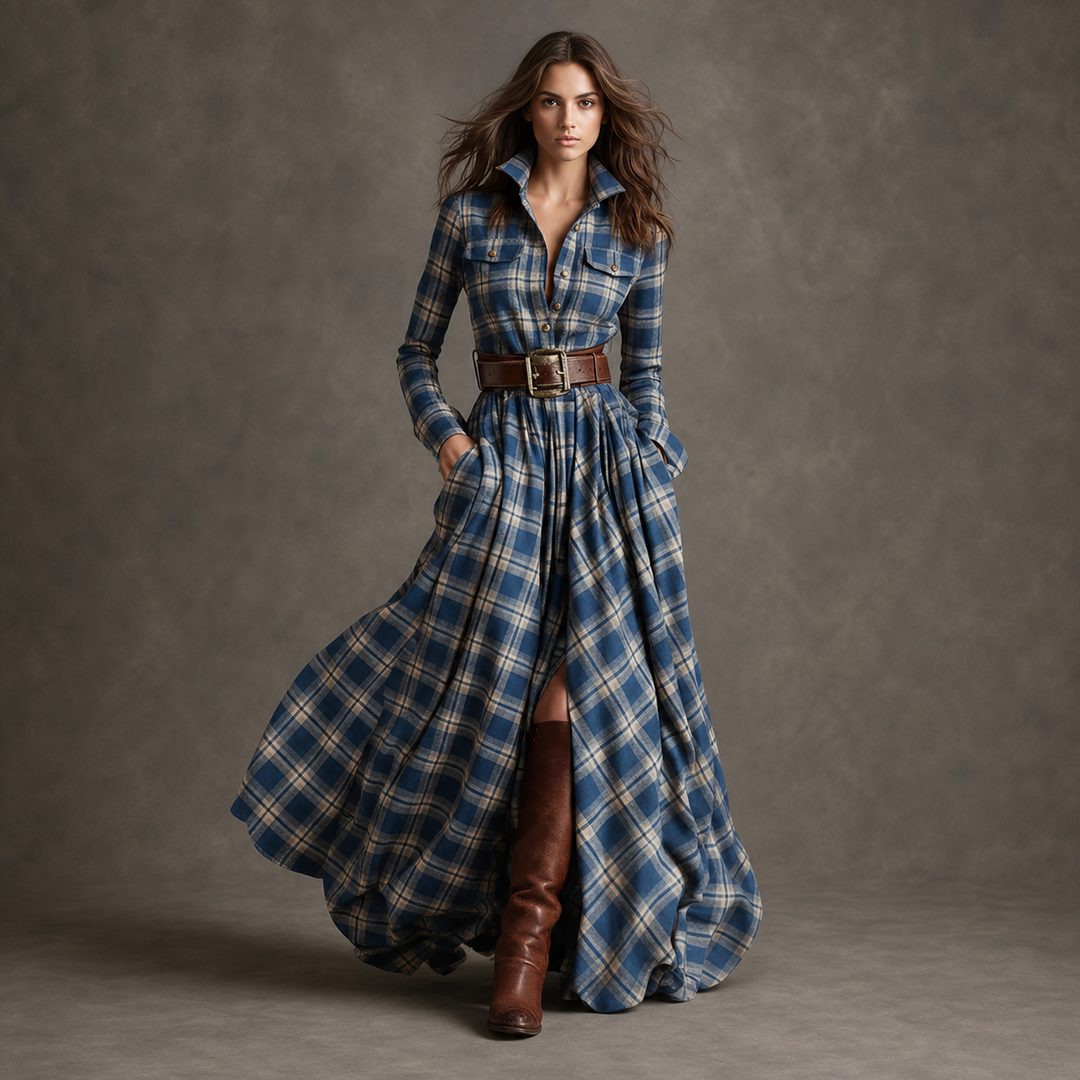 Blue Micro Plaid belted button-front maxi dress, front view