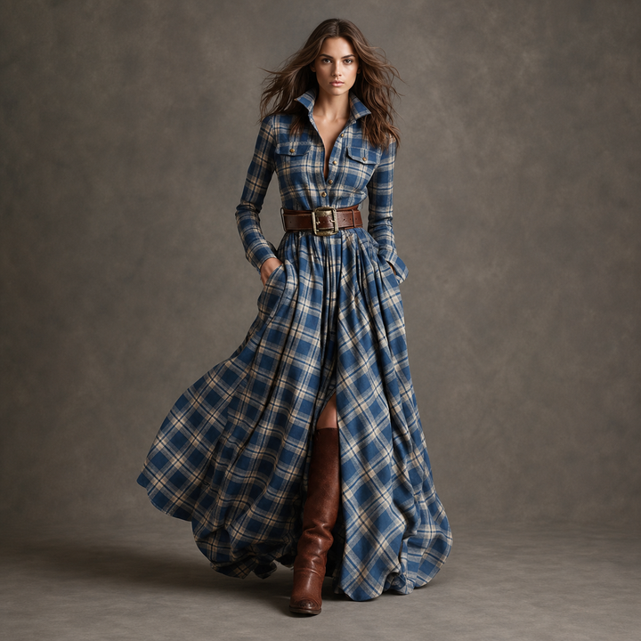Blue Micro Plaid belted button-front maxi dress, front view