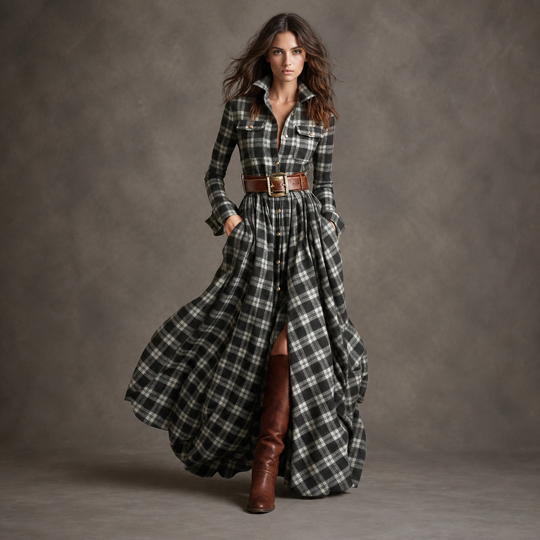 Black Micro Plaid belted button-front maxi dress, front view