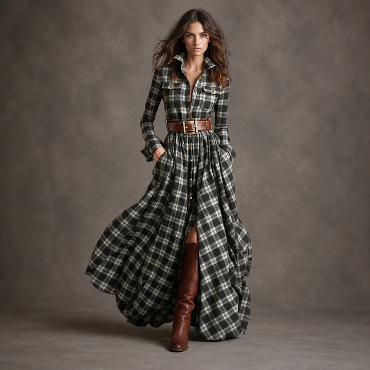 Black Micro Plaid belted button-front maxi dress, front view