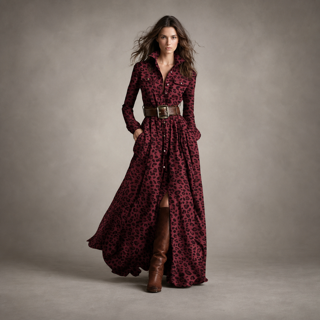 Red Leopard belted button-front maxi dress, front view