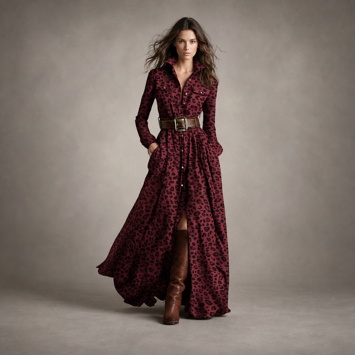 Red Leopard belted button-front maxi dress, front view