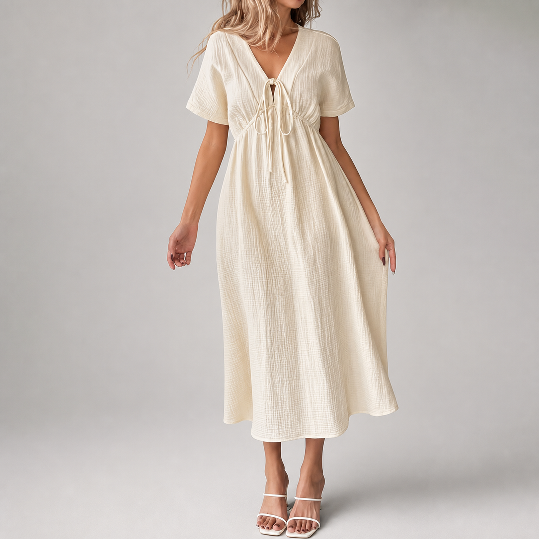 Apricot tie-front cotton midi dress, front view