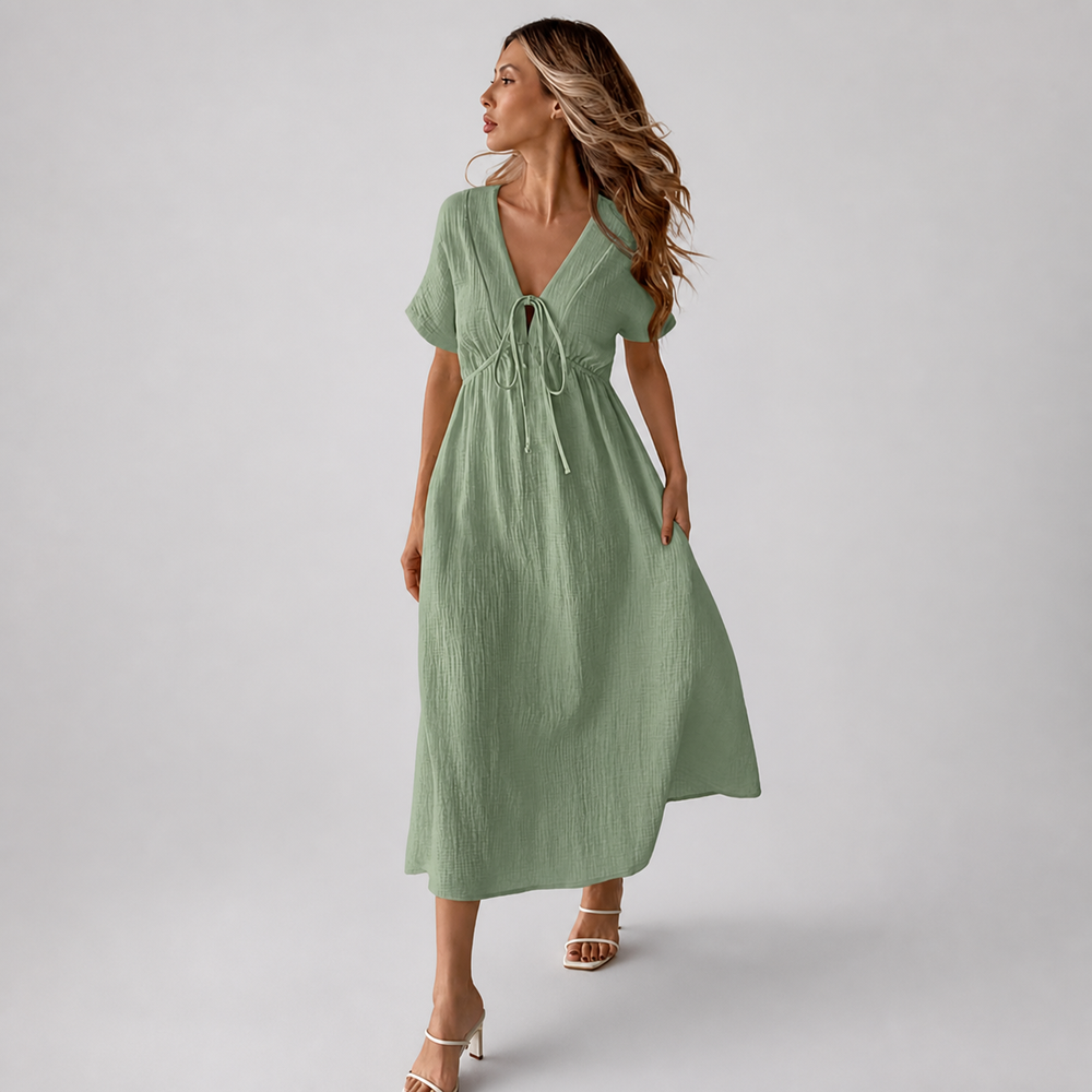 Green tie-front cotton midi dress, front view