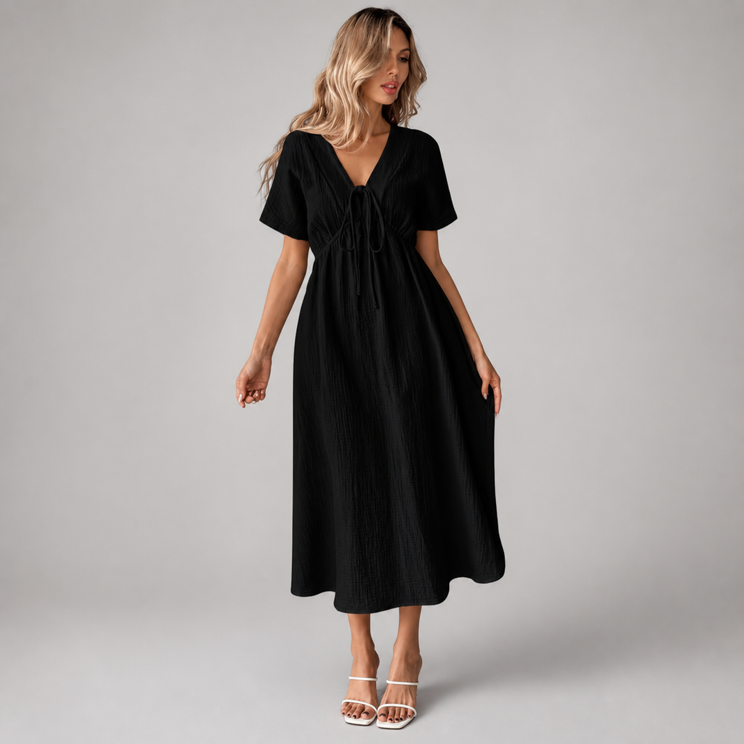 Black tie-front cotton midi dress, front view