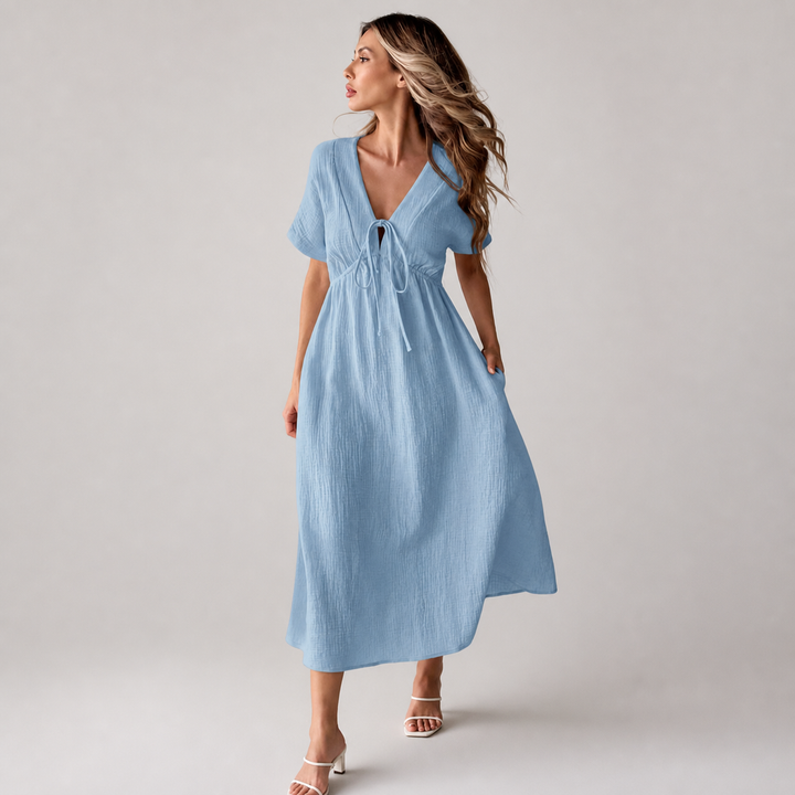 Sky Blue tie-front cotton midi dress, front view