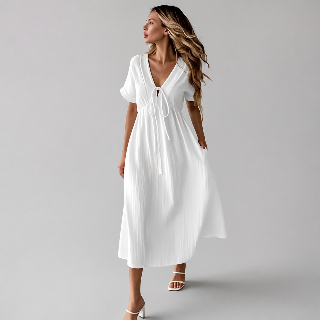 White tie-front cotton midi dress, front view