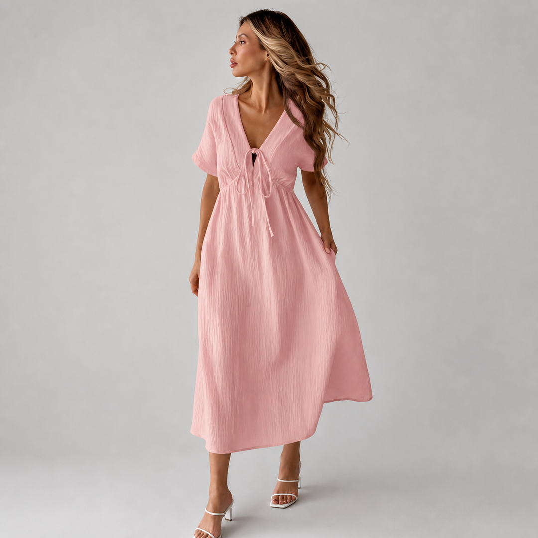 Pink tie-front cotton midi dress, front view