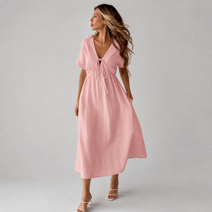Pink tie-front cotton midi dress, front view
