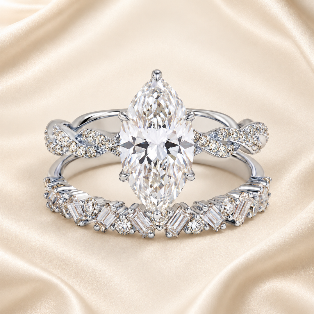 Silver-tone marquise-cut cubic zirconia ring set