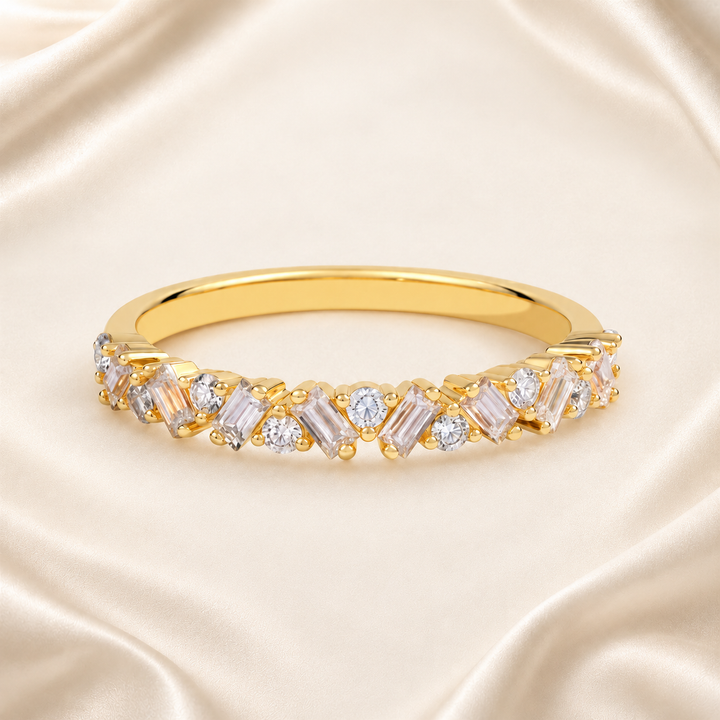 Gold-tone curved cubic zirconia band ring