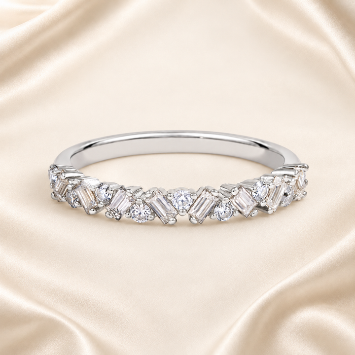 Silver-tone curved cubic zirconia band ring