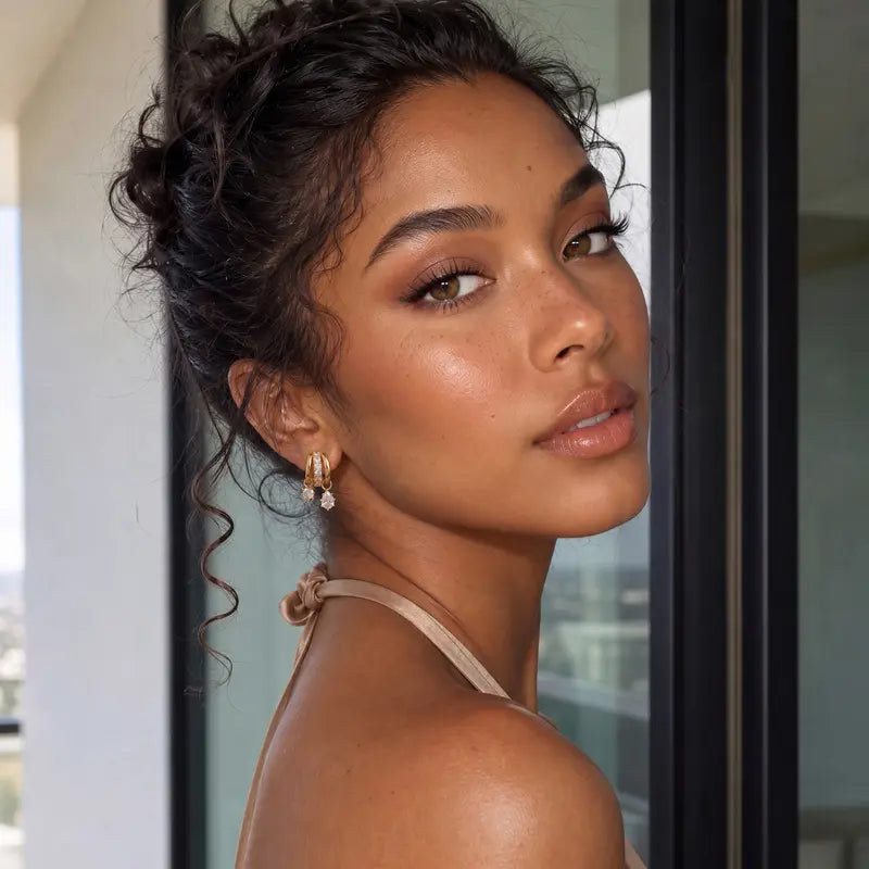 Gold-tone asymmetric earrings styled on model