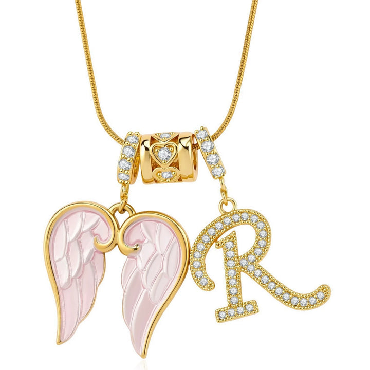 Pink angel wing pendant necklace detail