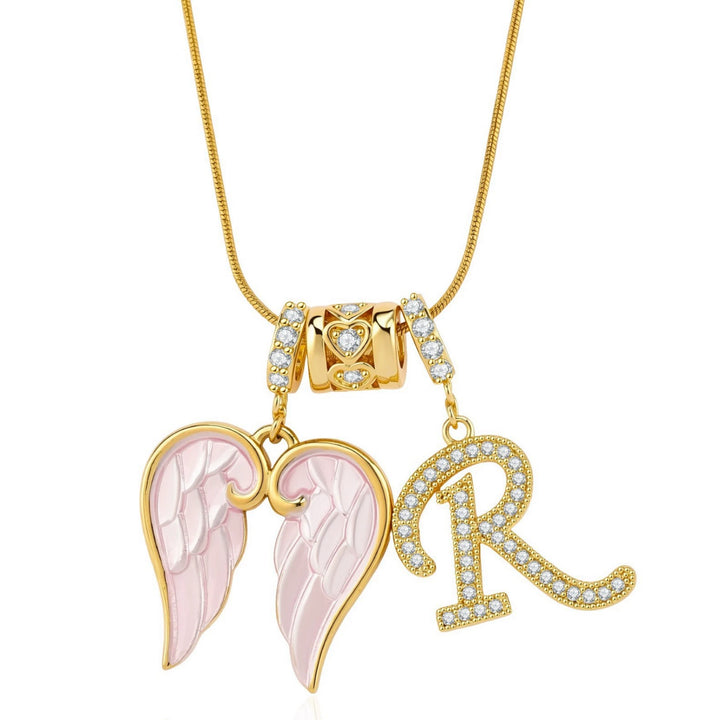 Letter R wing initial pendant necklace full view