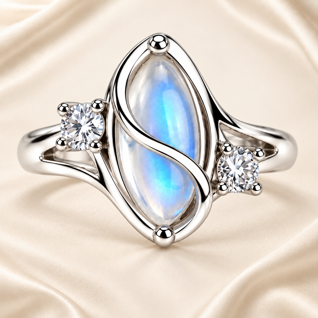 Moonstone twist-setting cubic zirconia ring