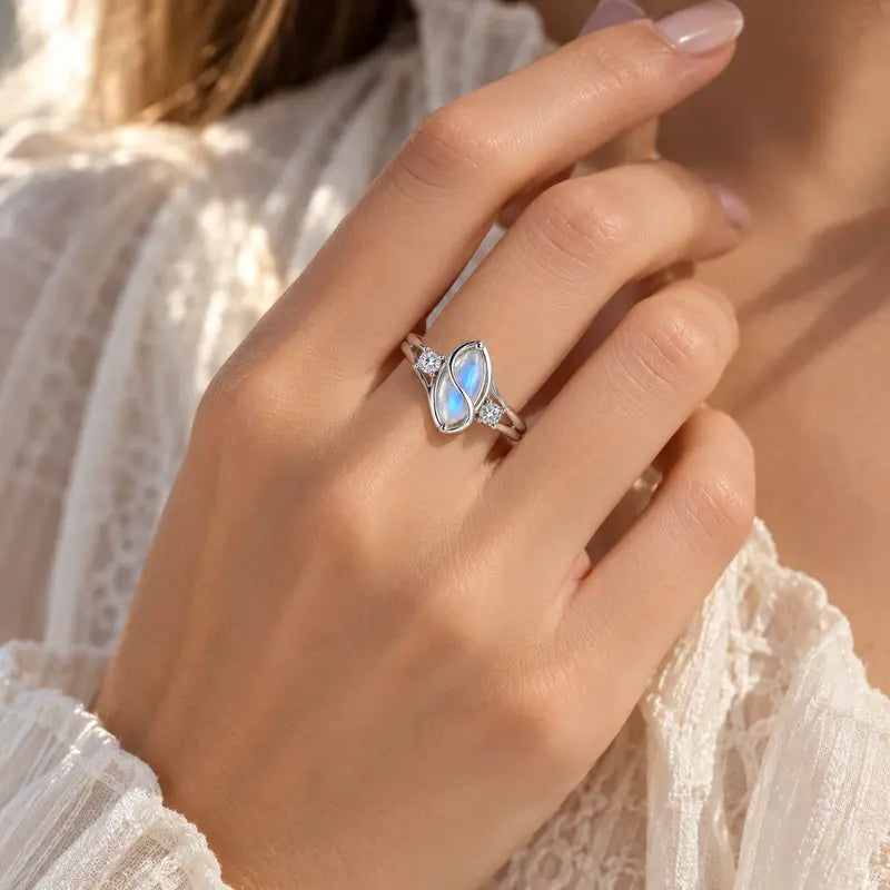 Moonstone ring worn with lace styling
