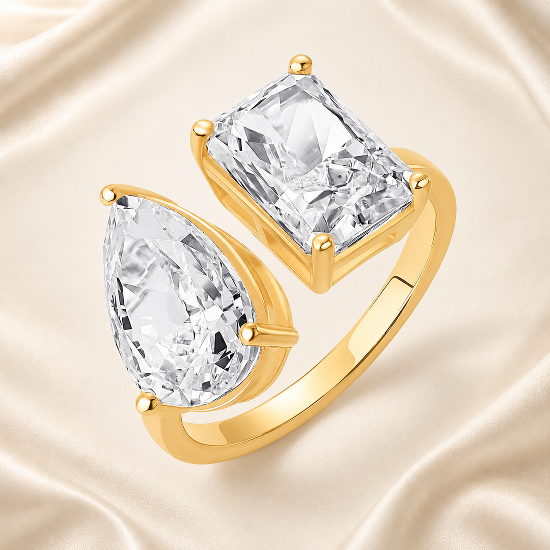 Gold-tone open Toi et Moi cubic zirconia ring