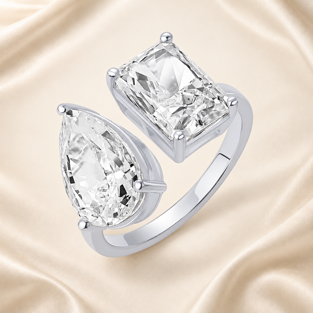 Silver-tone open Toi et Moi cubic zirconia ring