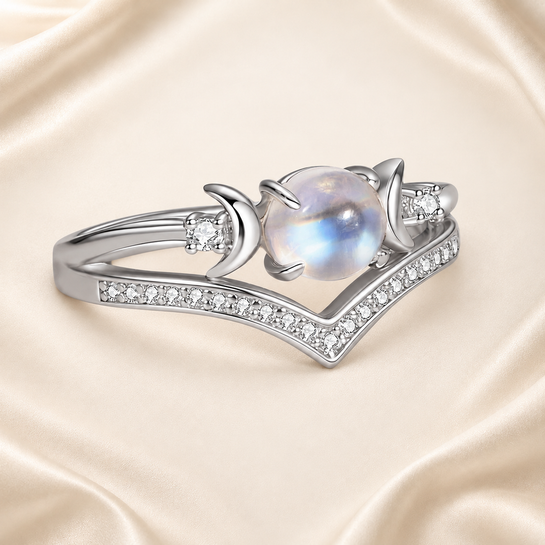 Moonstone crescent chevron statement ring