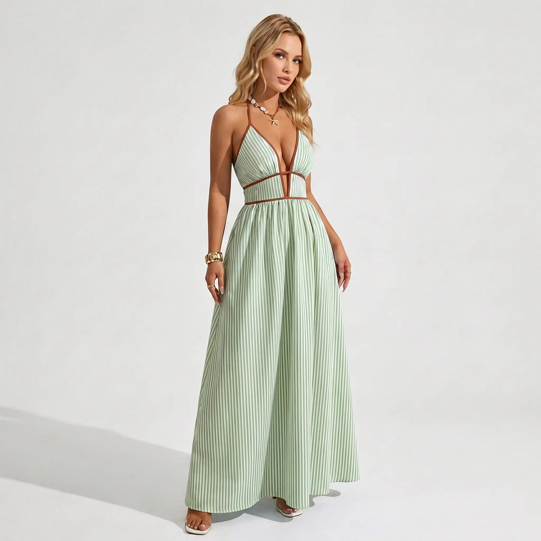 The Elara Pinstripe Deep V Halter Cutout Maxi Dress